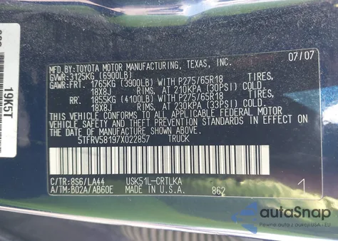 2007 Toyota Tundra Limited 5.7L V8 z USA, uszkodzony, nr VIN 5TFRV58197X022857